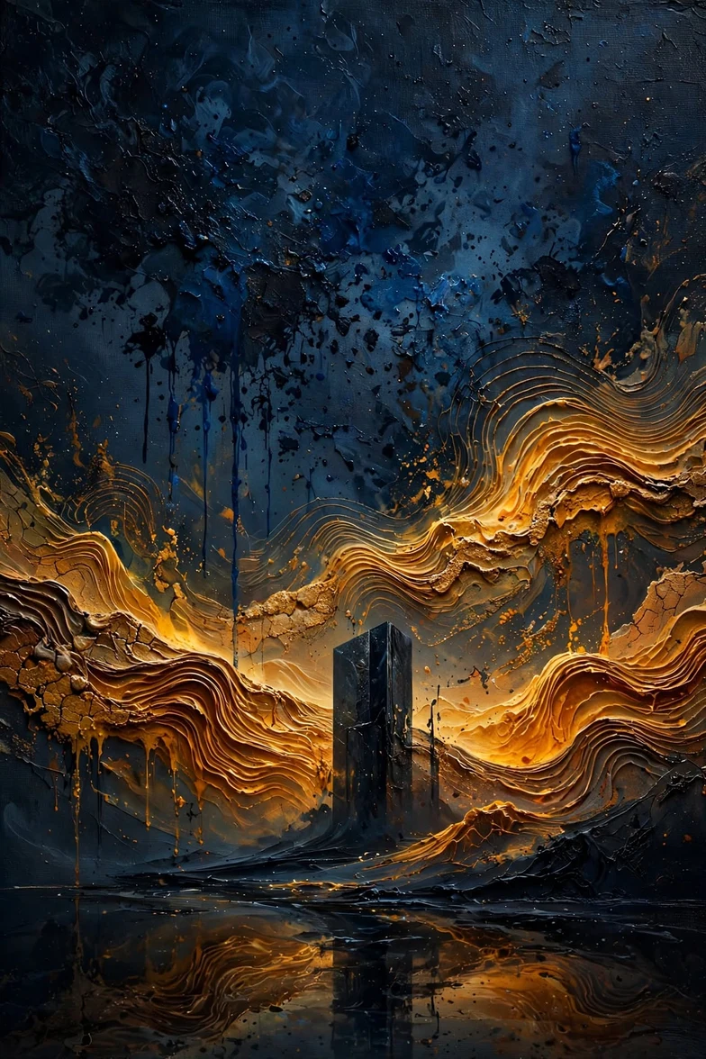 Primal gold-and-blue impasto canvas with a dark structure rising — 1-of-1 cover artwork for Ani Lo Levad