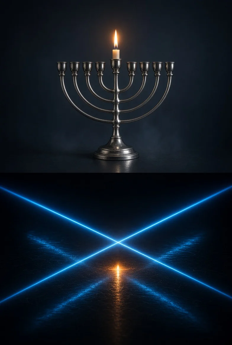 Menorah with one lit candle over blue laser light — 1-of-1 cover artwork for Dark Hanukkah