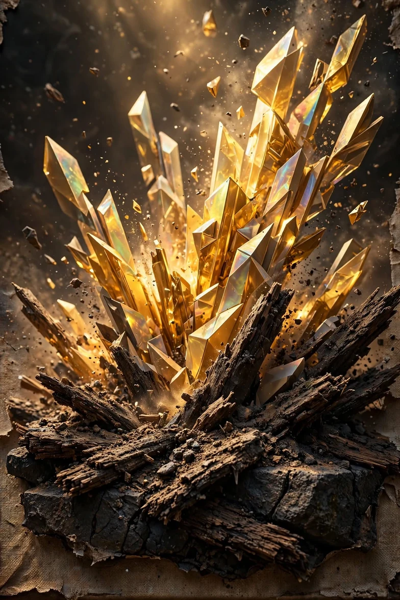 Sharp glowing golden shards exploding upward from dark charred wood and cracked earth — cover artwork for Ein Keloheinu