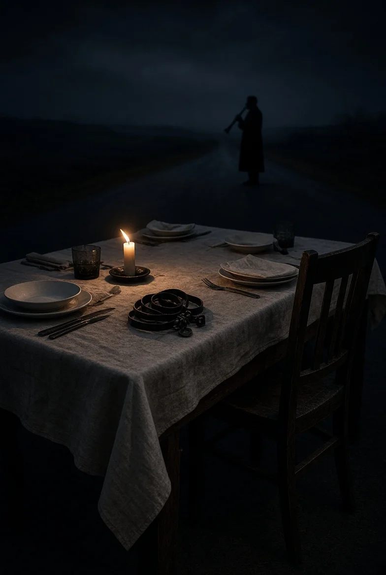 Candlelit table with tefillin and distant clarinet player — 1-of-1 cover artwork for Galut (Exile)