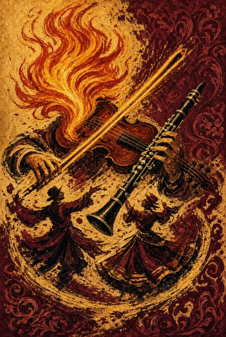 A violin and clarinet crossed in motion over dancing figures, warm gold flames and deep red patterns — cover artwork for Hava Nagila Ashkenazi Style