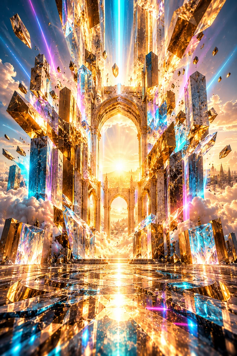 Massive glowing golden archway with iridescent crystals and a mirrored floor, gates of the Sabbath opening on a festival main stage — cover artwork for Lekha Dodi (Dance Until the Sun Comes Down)