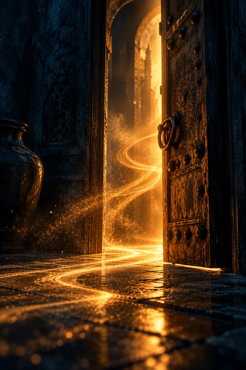 Ancient door cracked open, warm golden light spilling onto a wet reflective stone floor, ribbon of light like a soundwave — cover artwork for Lekha Dodi