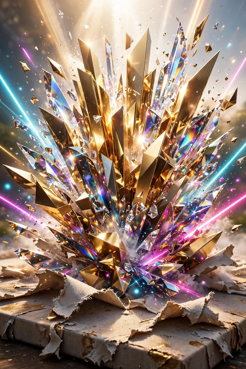 Ancient sacred text exploding upward into golden crystal shards and festival light — cover artwork for Modeh Ani Lfanecha