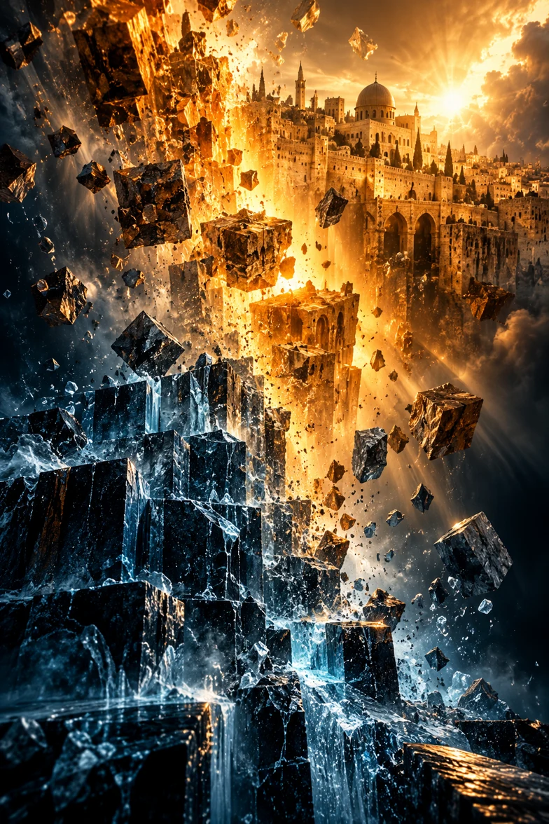 Dark frozen blocky foundation shattering and rising into the glowing golden skyline of the Old City — cover artwork for Od Yishama