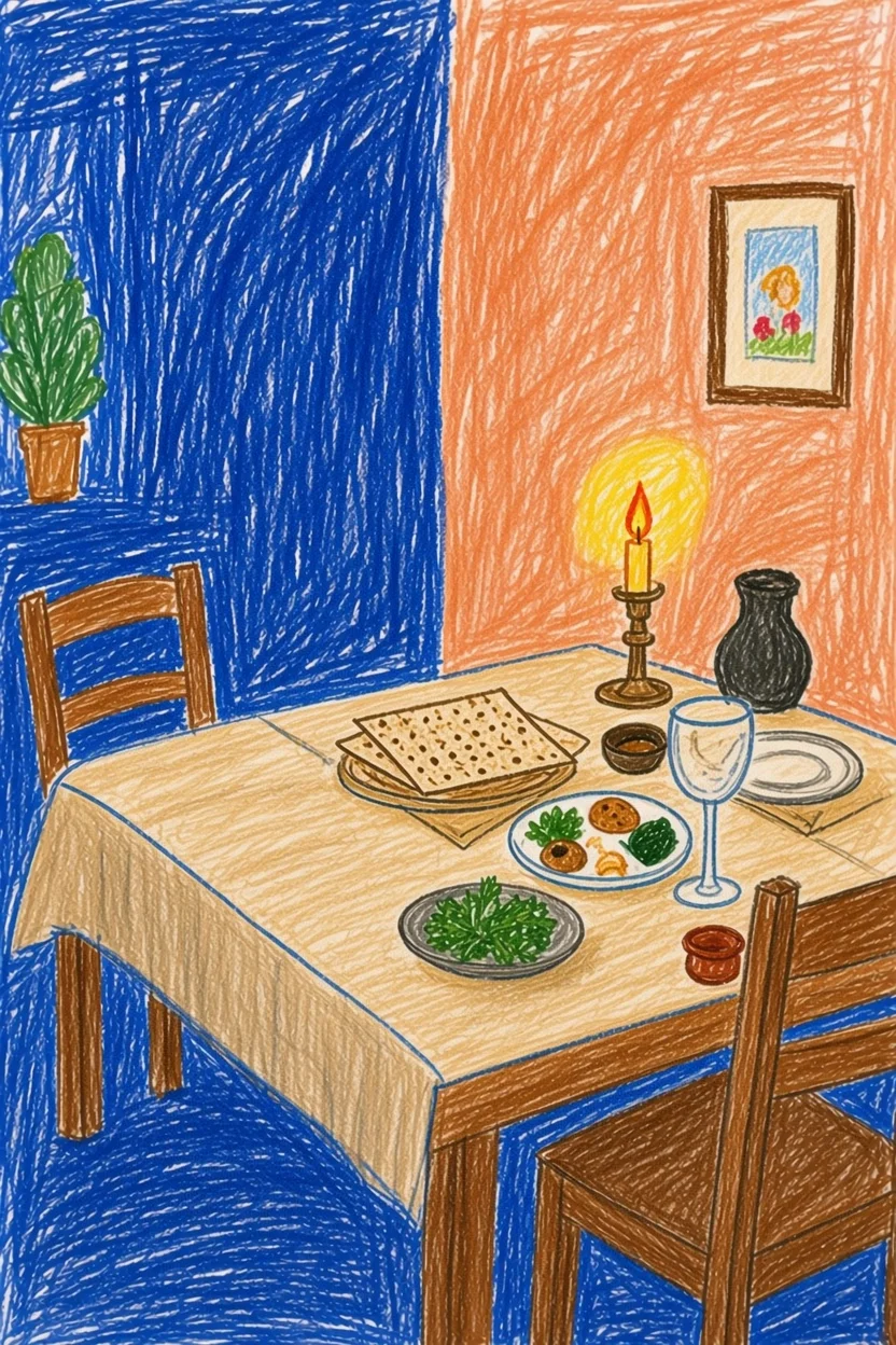 A child's crayon drawing of a Seder table — deep blue room on one side, warm orange on the other, candle lit, matzah and greens on the table — cover artwork for Seder Night