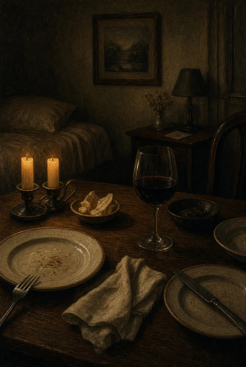 Dark portrait table scene — 1-of-1 cover artwork for Shabbat Table