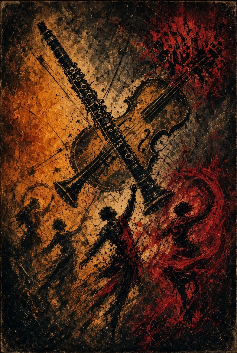 A clarinet and violin crossed in motion over dancing silhouettes, warm amber and deep red on dark ground — cover artwork for The Wedding Keeps Going