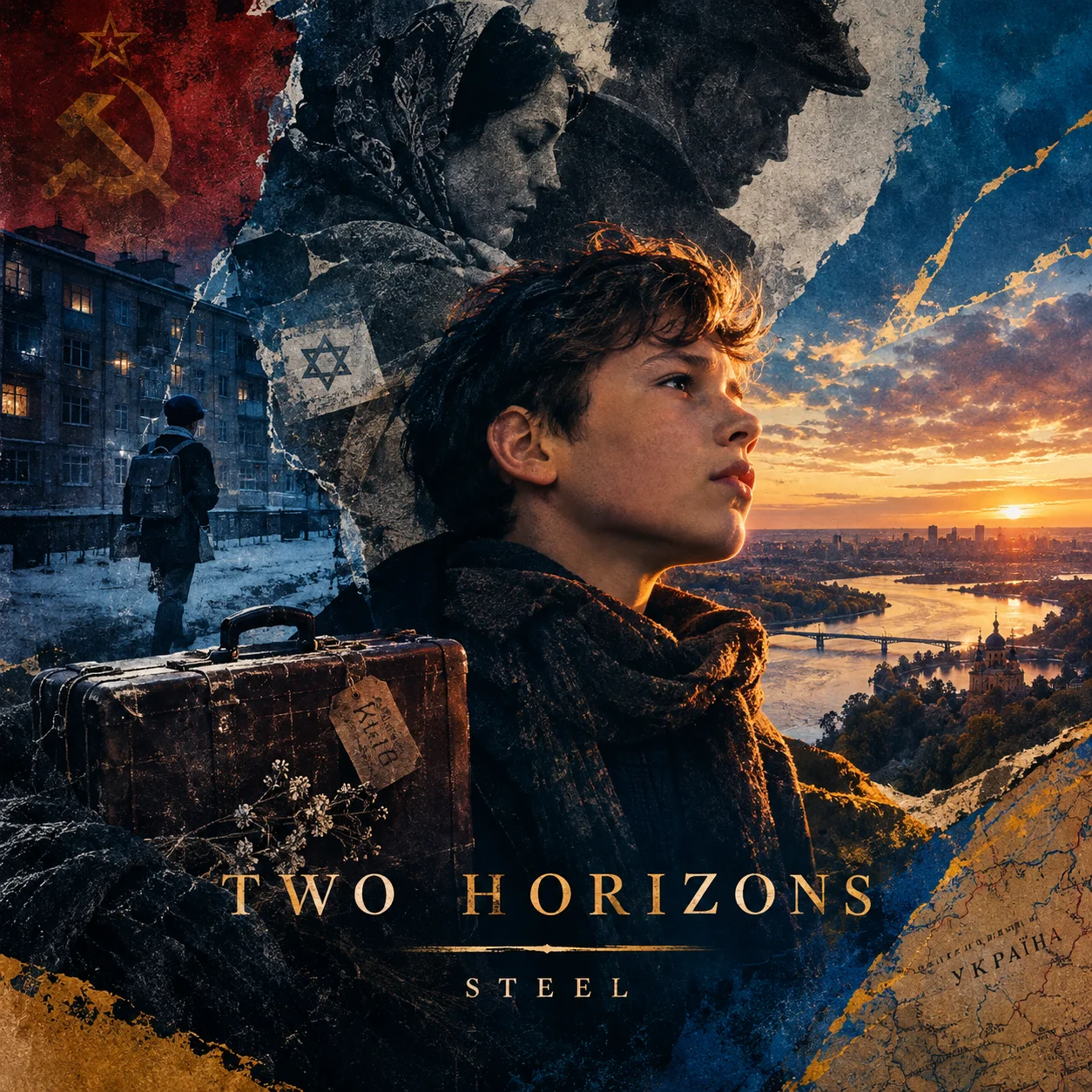 Boy with a suitcase between a cold Soviet winter and a Kyiv sunrise — cover artwork for Two Horizons