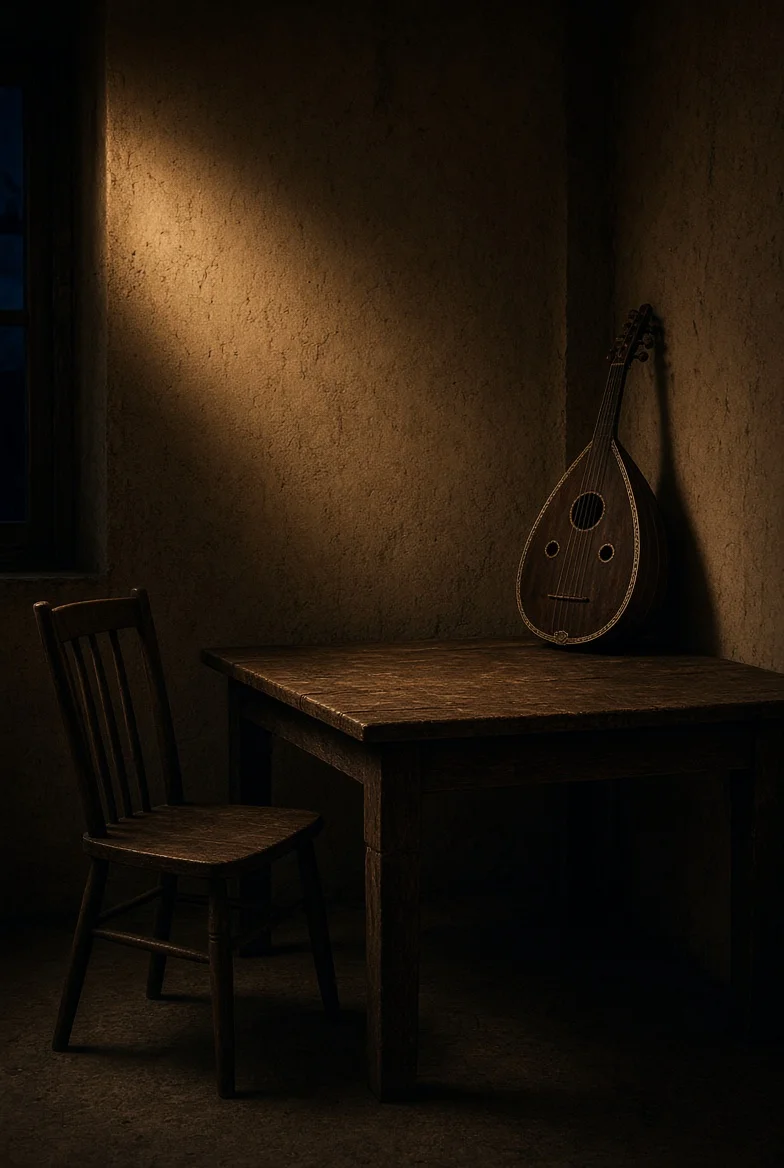 A dim room at night — a wooden table, an empty chair pulled out, an oud leaning in the corner, warm lamplight — cover artwork for Vuelvo a la Mesa
