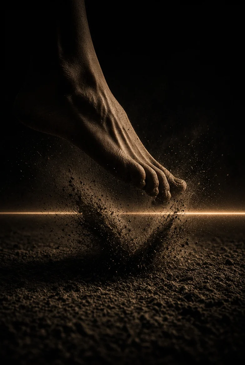 Bare foot mid-stamp on dark earth, dust rising — cover artwork for Yalla Palestine