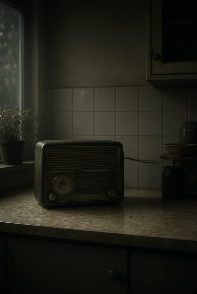 Old mid-century radio on a kitchen counter at night — cover artwork for Yiddish Radio