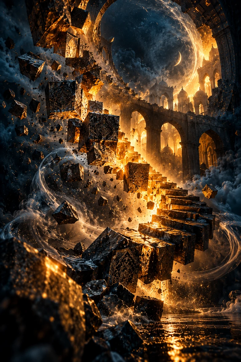 Shattered glowing golden staircase rising out of a dark swirling abyss toward a crescent moon and an ancient city — cover artwork for Yigdal Late Night Soul